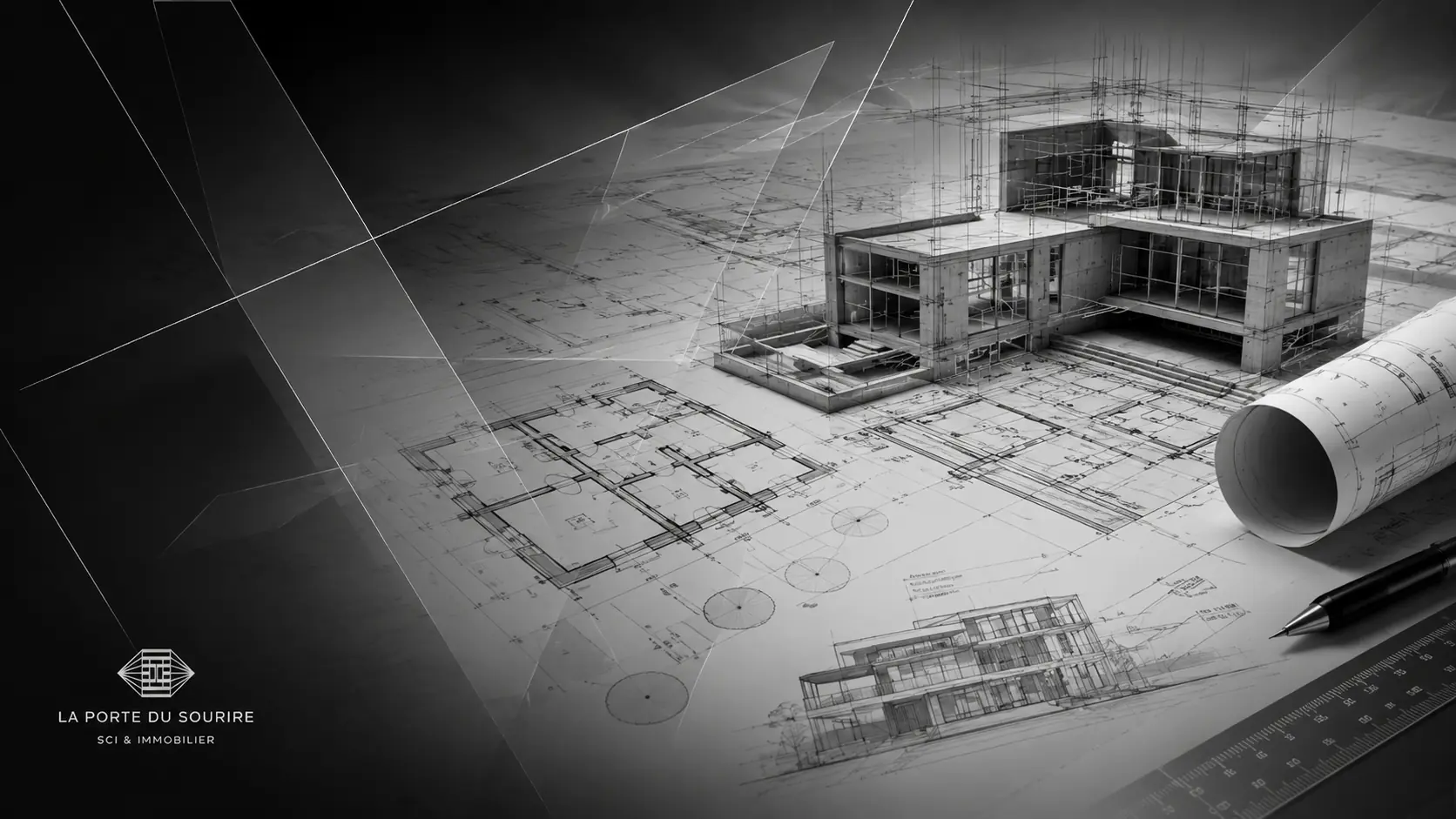 Projet architectural sur plan technique noir et blanc