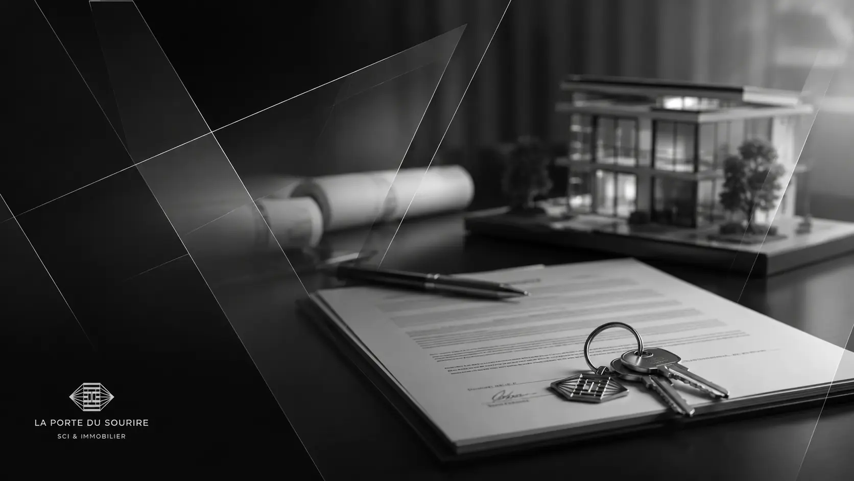 Contrat immobilier, clés et maquette architecturale